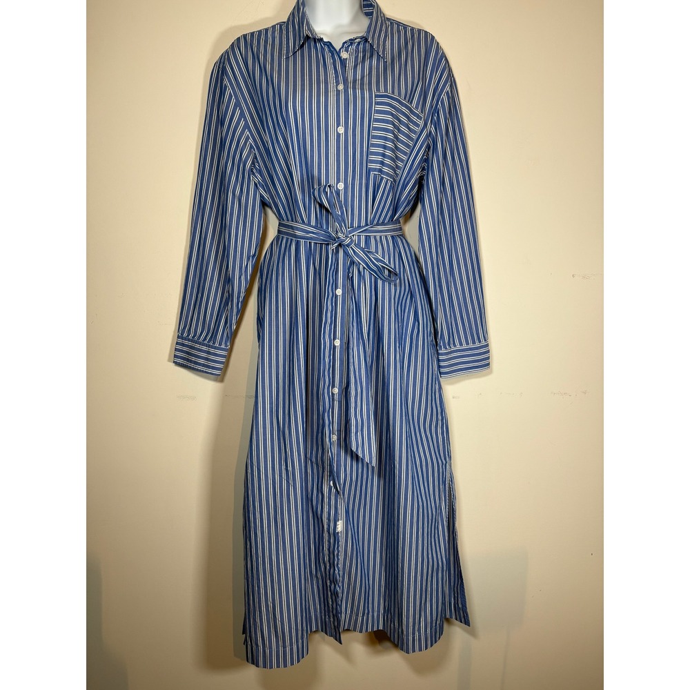 Southern Tide Shirt Dress Blue White Striped Long Sleeve Belted Midi Size M